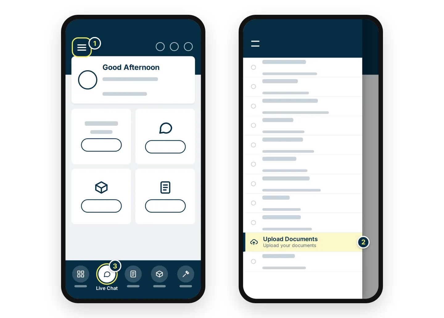 The Mweb app menu with Upload Documents highlighted